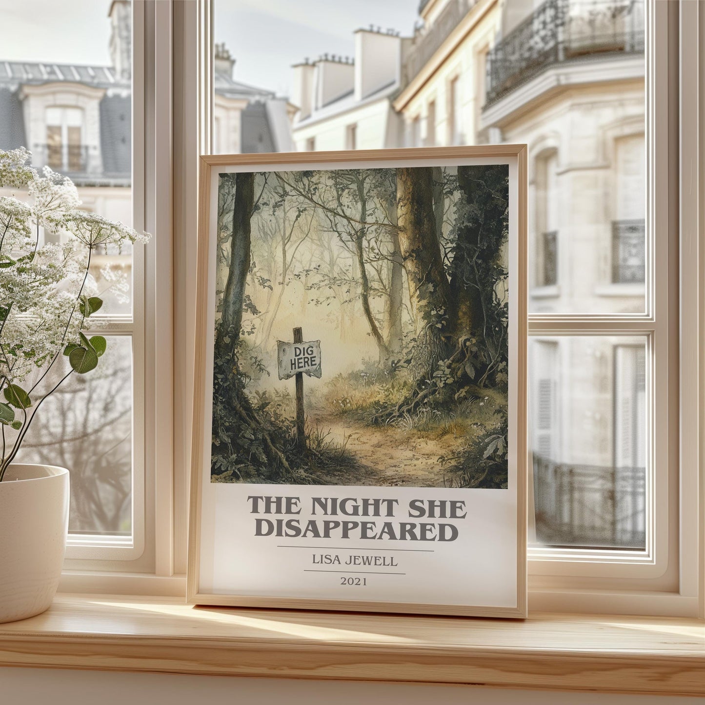 The Night She Disappeared book cover print framed by window – literary home decor