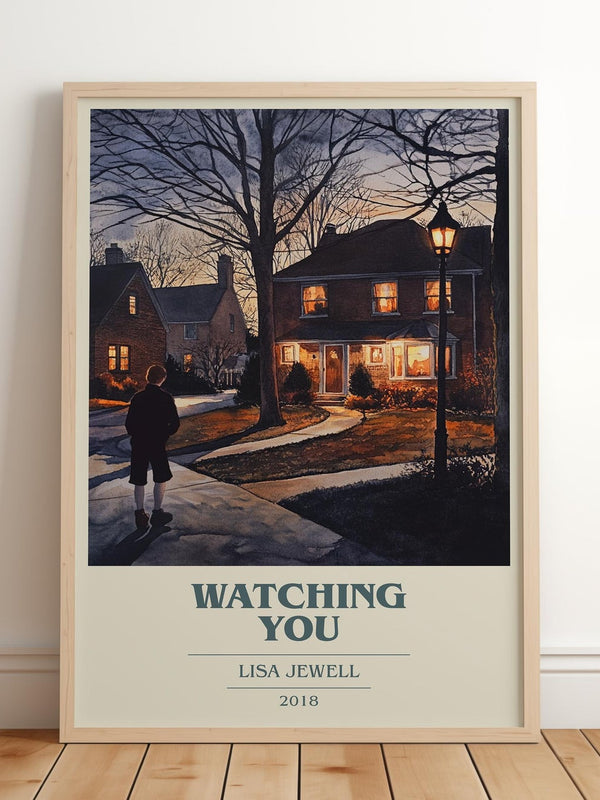 Watching You book cover print in frame leaning in hallway – thriller wall art