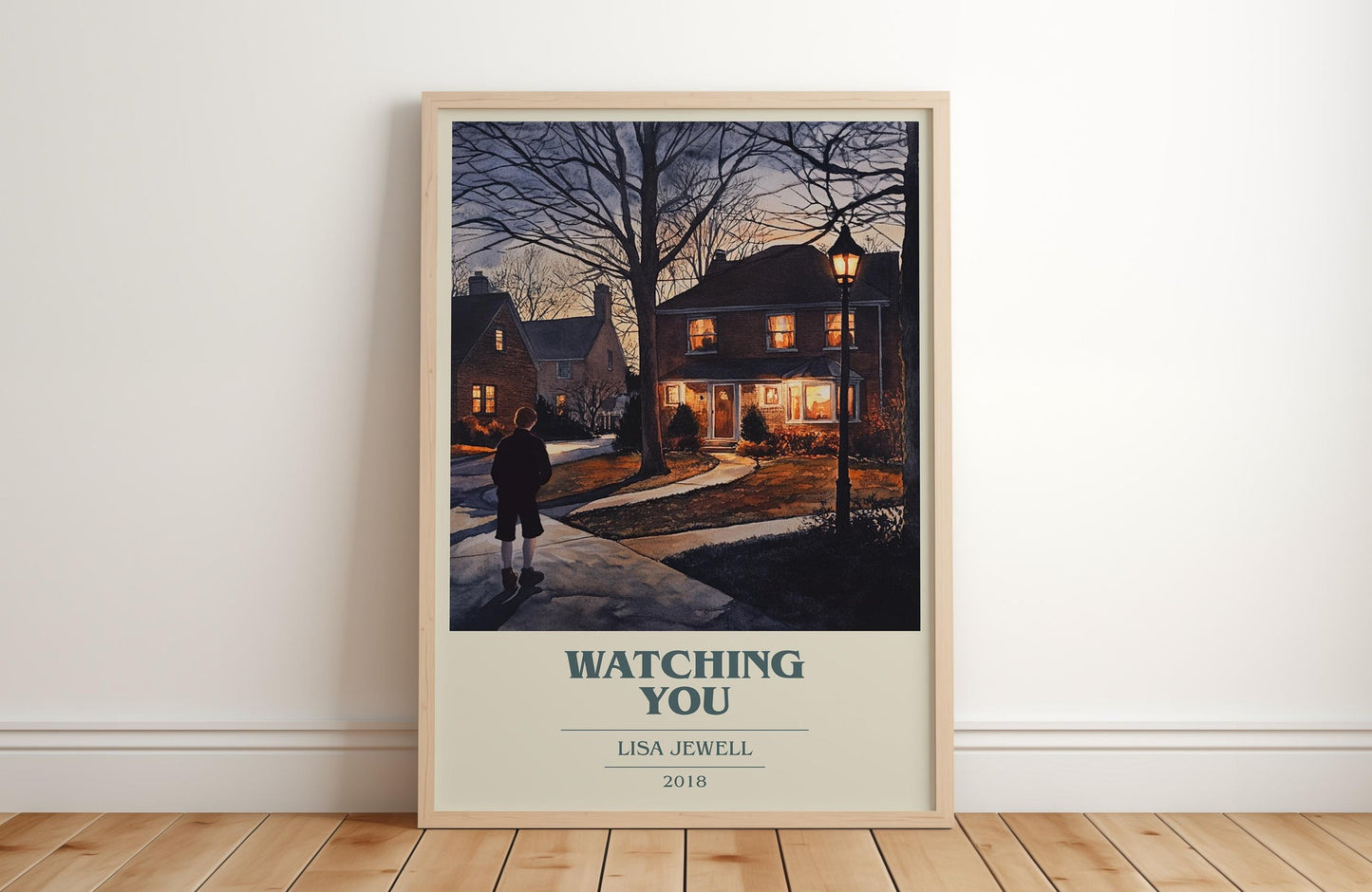 Watching You book cover print in frame leaning in hallway – thriller wall art