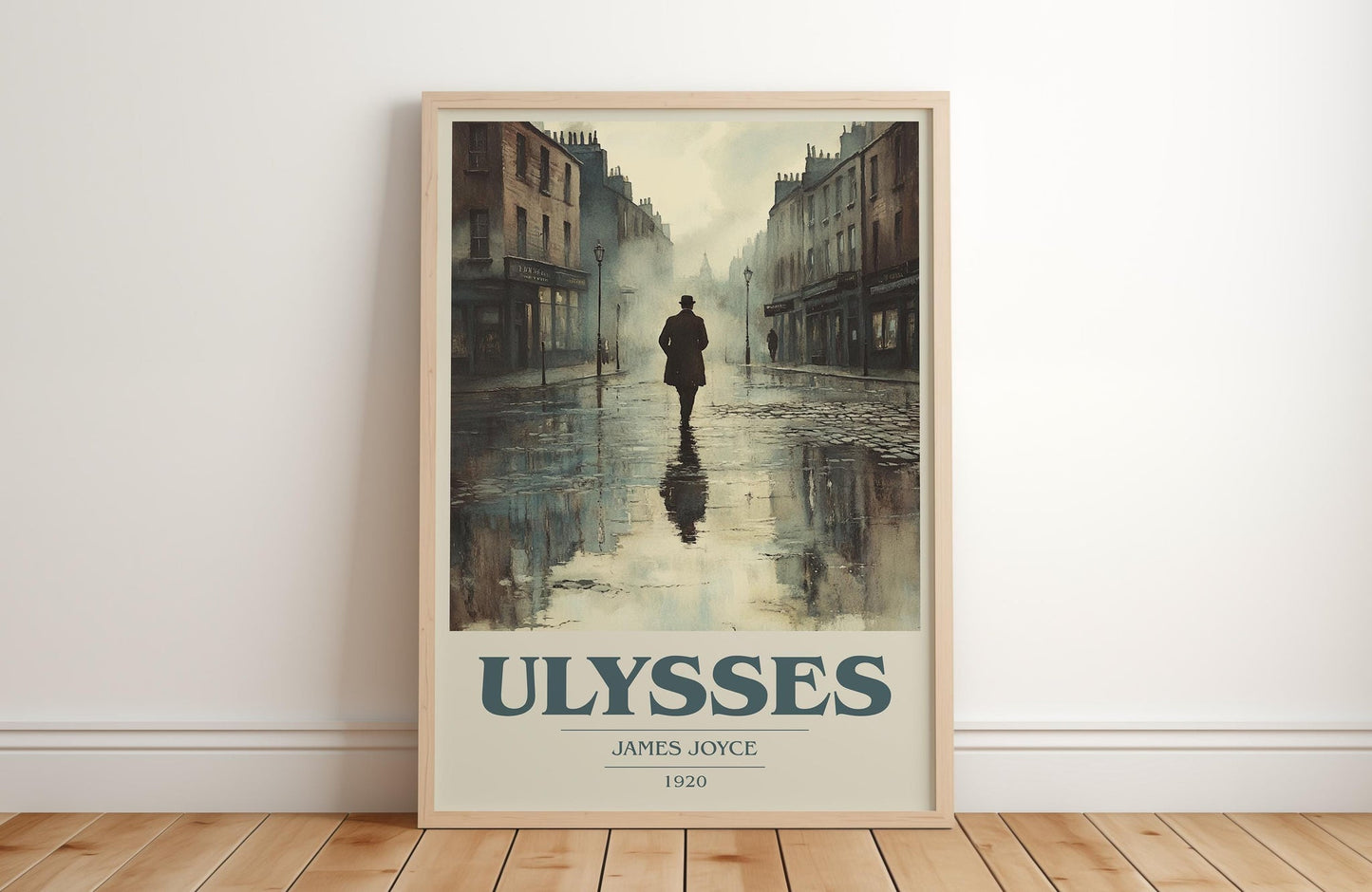 Ulysses book cover print in frame leaning in hallway – classic literature wall art