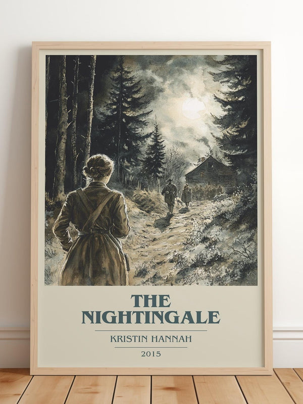 The Nightingale book cover print in frame leaning in hallway – historical fiction wall art