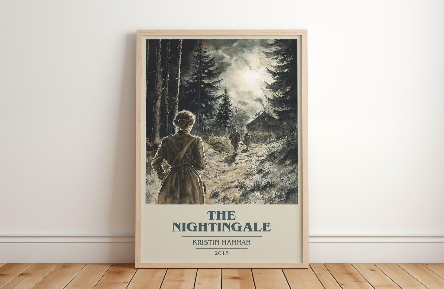 The Nightingale book cover print in frame leaning in hallway – historical fiction wall art