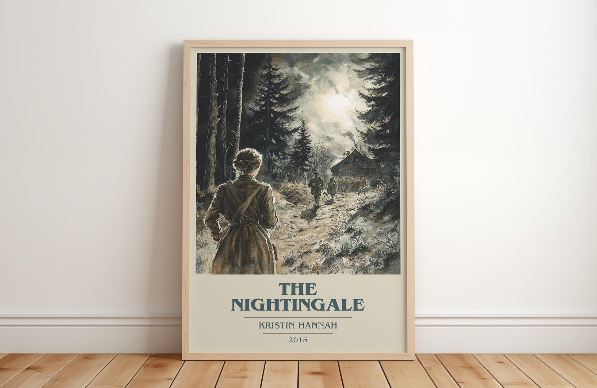 The Nightingale book cover print in frame leaning in hallway – historical fiction wall art