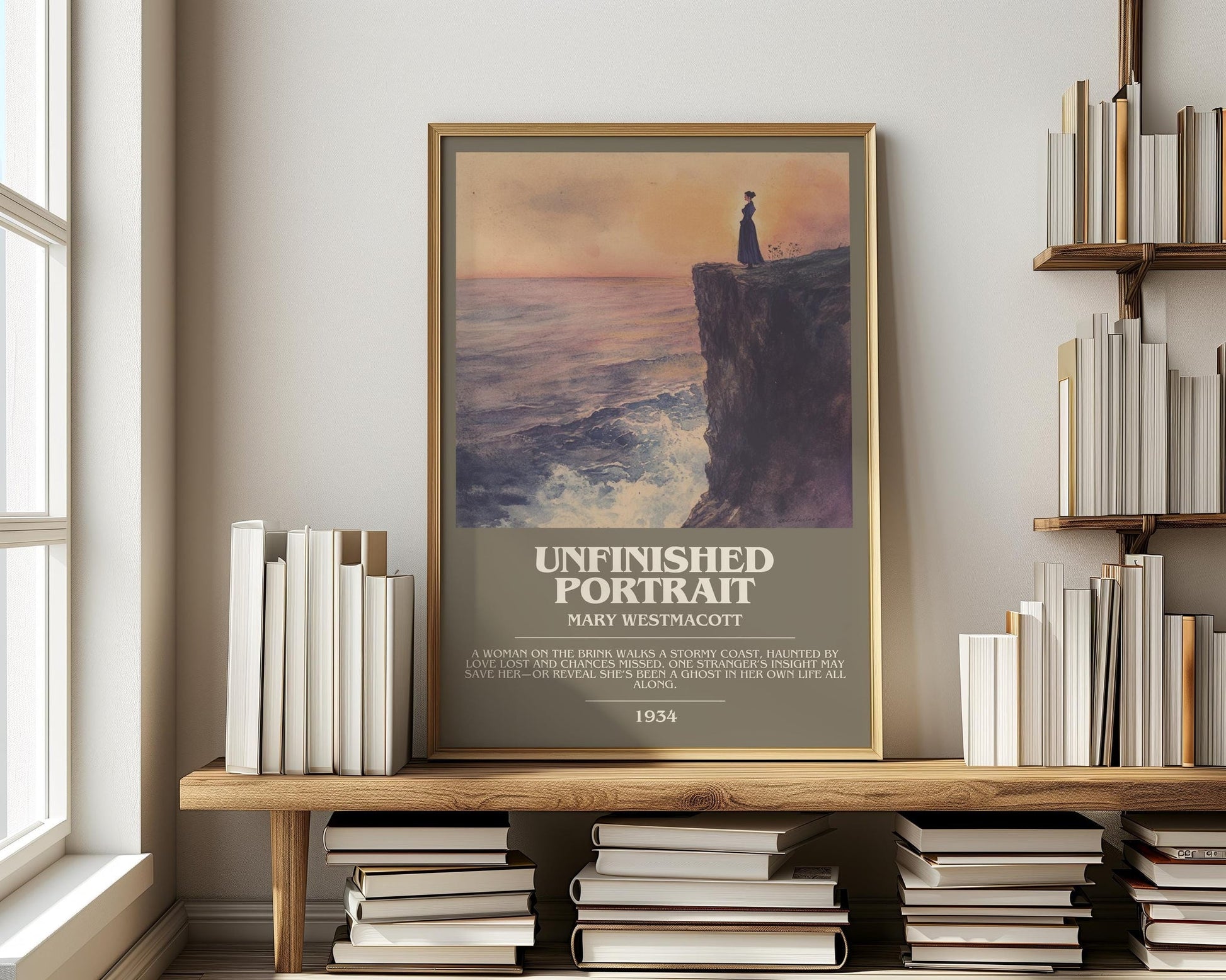 Unfinished Portrait bookish print on bookshelf – Mary Westmacott fan gift