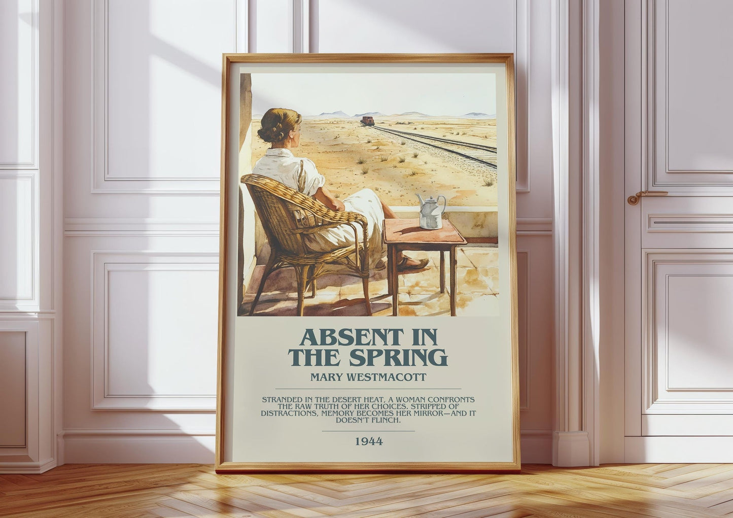 Absent In The Spring bookish print in frame leaning in hallway – romance wall art