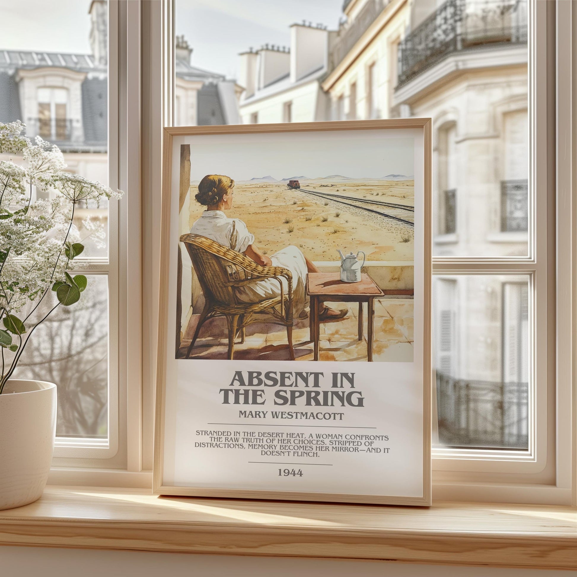 Absent In The Spring bookish print framed by window – literary home decor