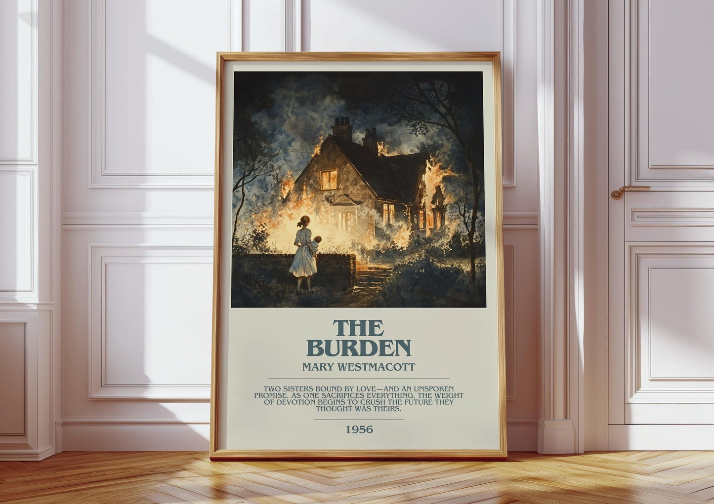 The Burden bookish print in frame leaning in hallway – romance wall art