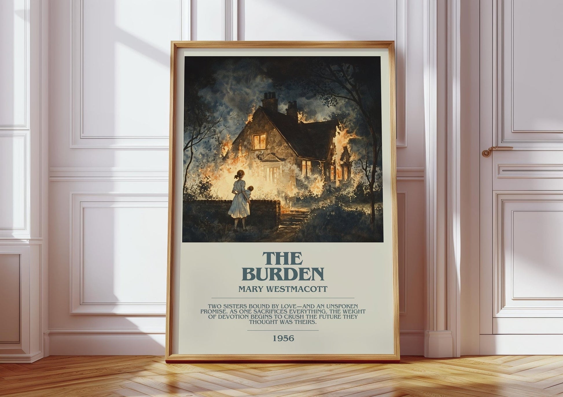 The Burden bookish print in frame leaning in hallway – romance wall art