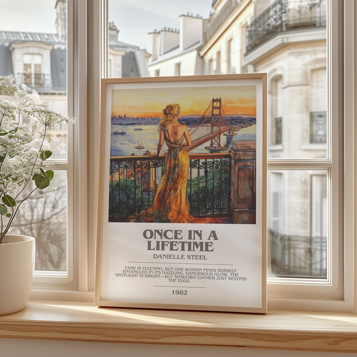 Once in a Lifetime bookish print framed by window – literary home decor