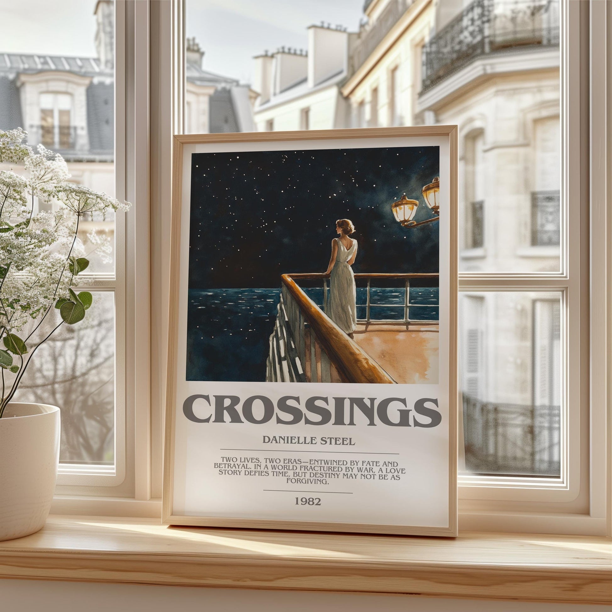 Crossings bookish print framed by window – literary home decor