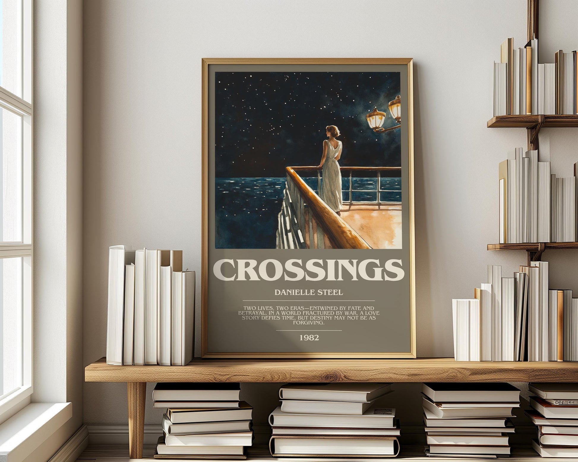 Crossings bookish print on bookshelf – Danielle Steel fan gift