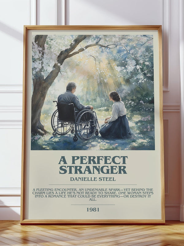A Perfect Stranger bookish print in frame leaning in hallway – romance wall art
