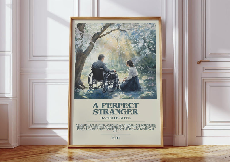 A Perfect Stranger bookish print in frame leaning in hallway – romance wall art