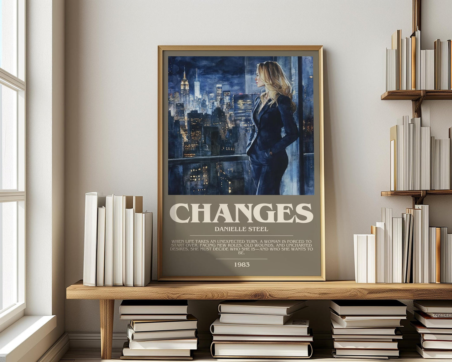 Changes bookish print on bookshelf – Danielle Steel fan gift