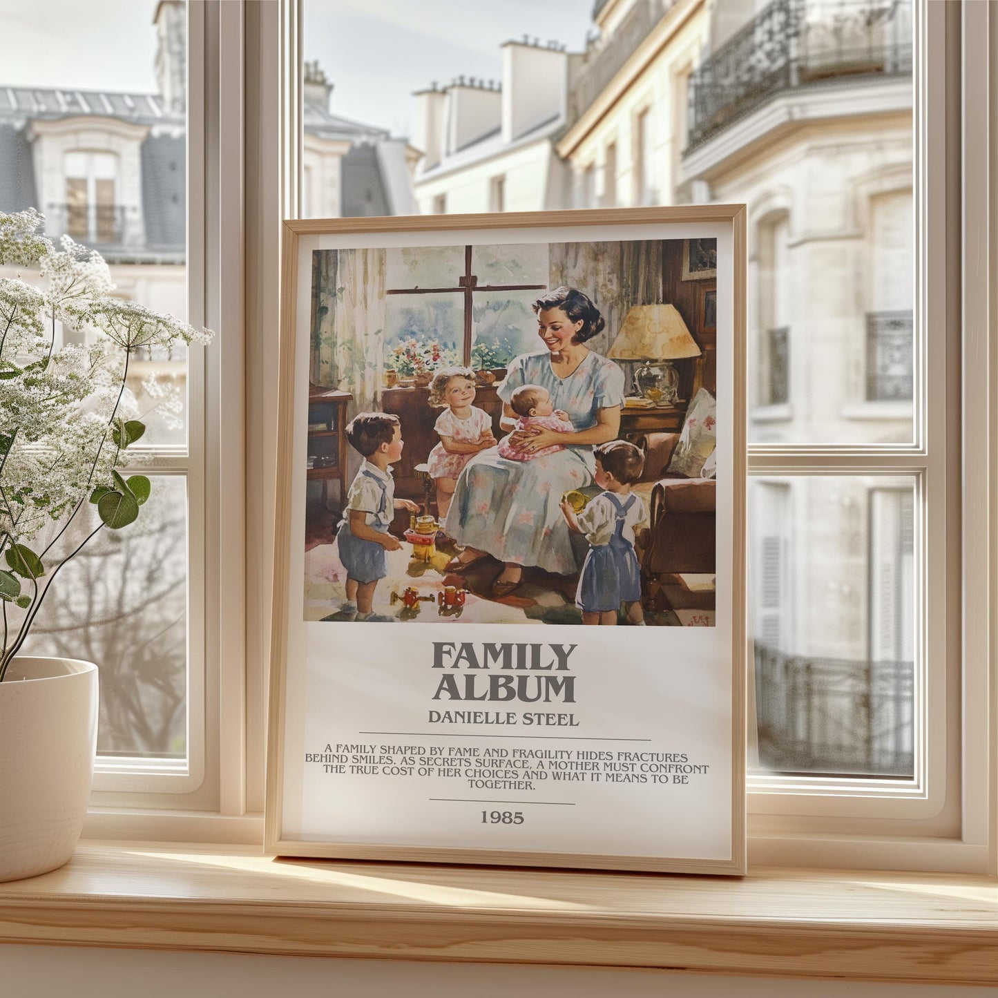 Family Album bookish print framed by window – literary home decor