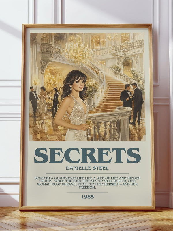 Secrets bookish print in frame leaning in hallway – contemporary fiction wall art