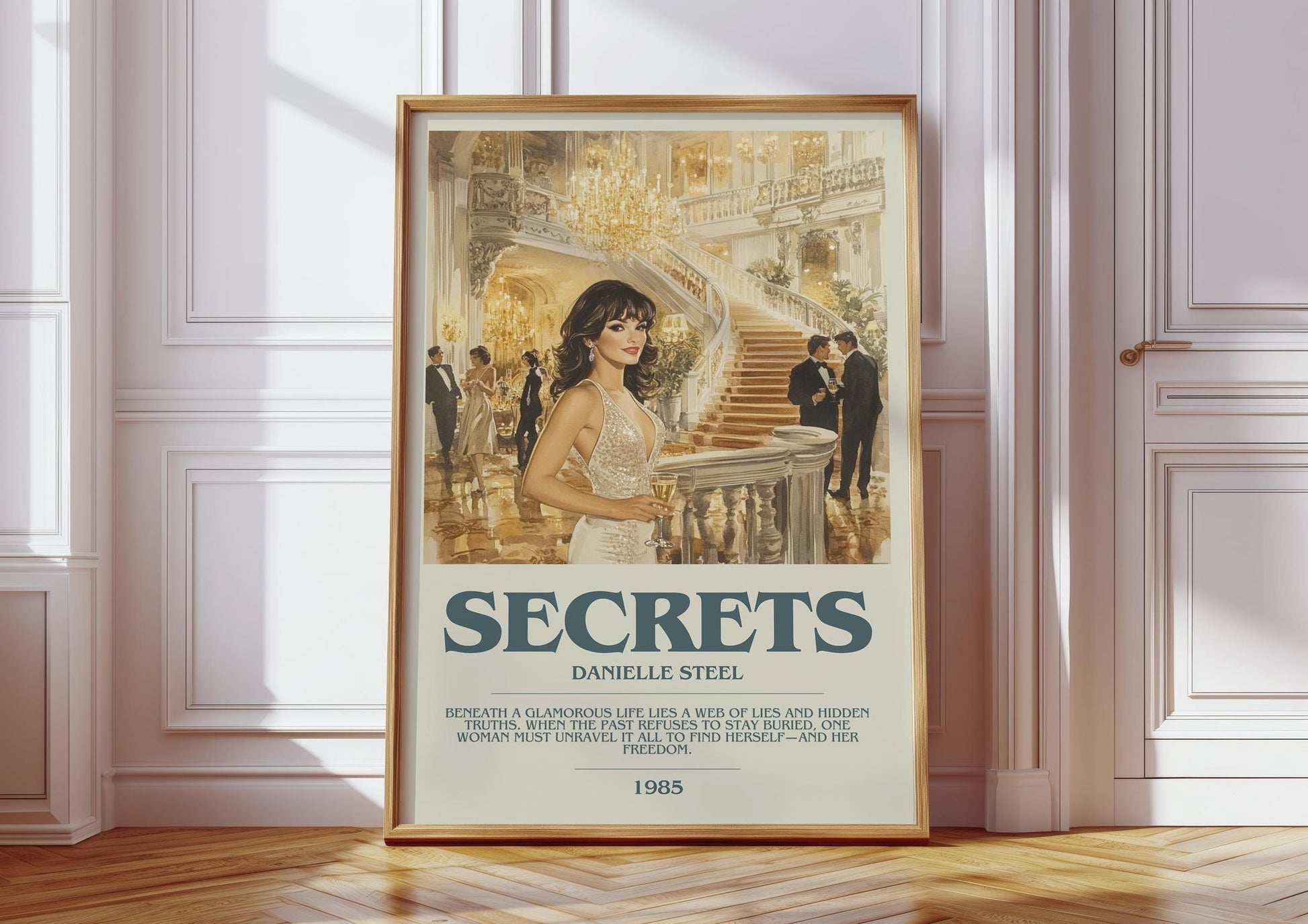 Secrets bookish print in frame leaning in hallway – contemporary fiction wall art