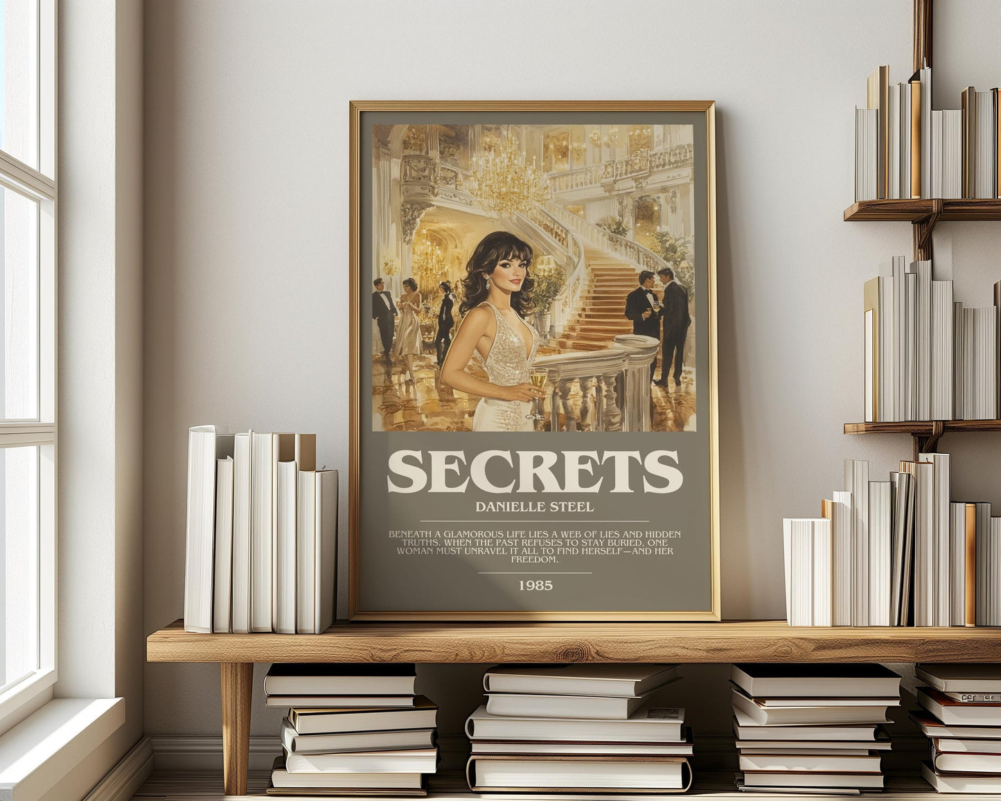 Secrets bookish print on bookshelf – Danielle Steel fan gift