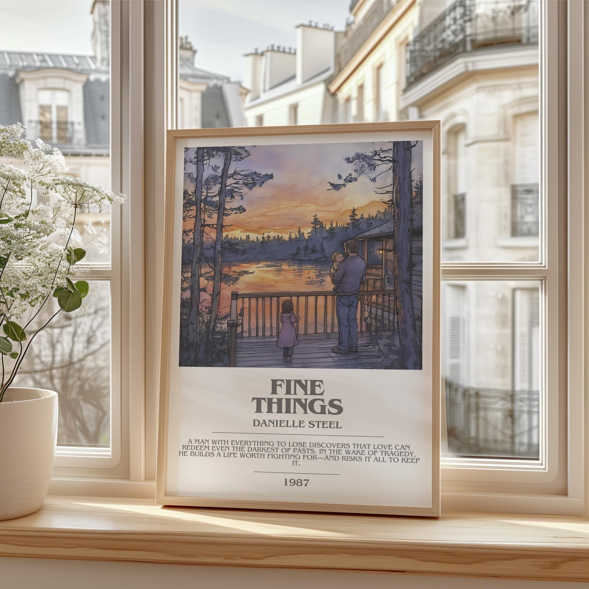 Fine Things bookish print framed by window – literary home decor