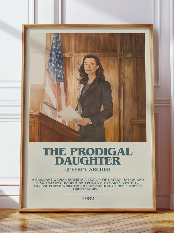 The Prodigal Daughter bookish print in frame leaning in hallway – thriller wall art