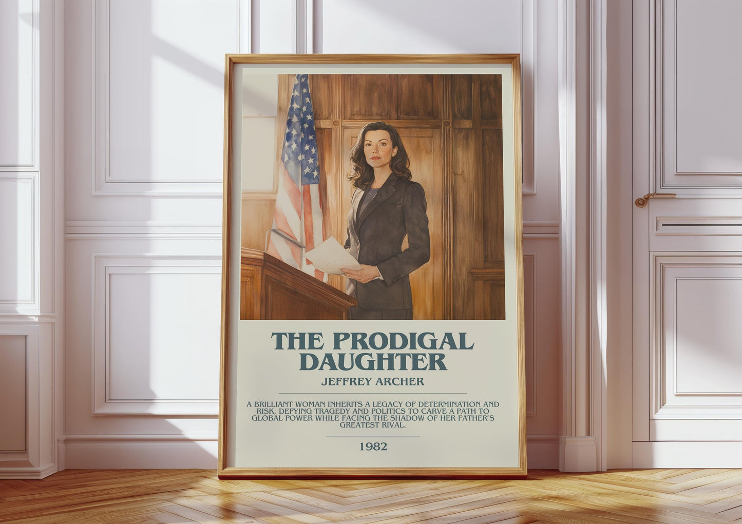 The Prodigal Daughter bookish print in frame leaning in hallway – thriller wall art