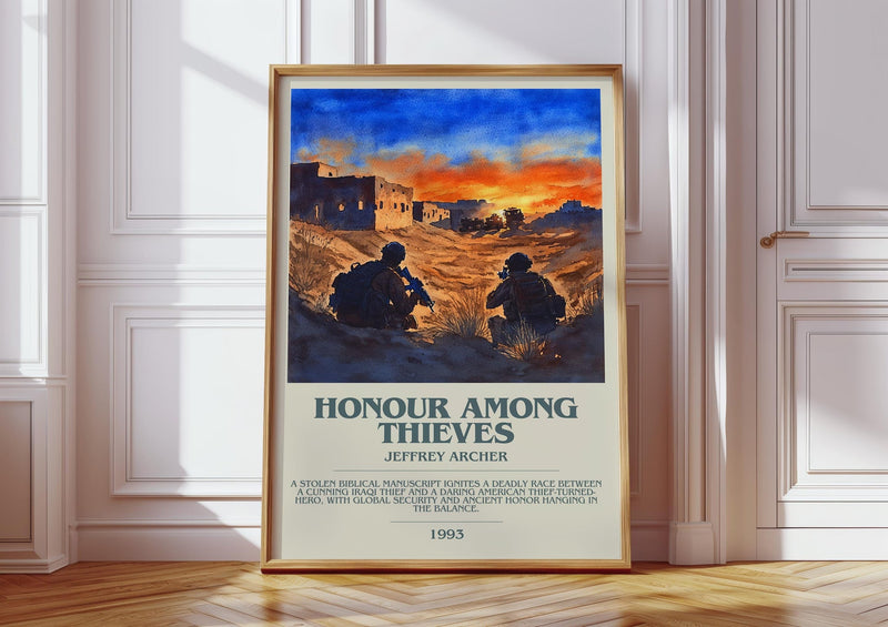 Honour Among Thieves bookish print in frame leaning in hallway – thriller wall art