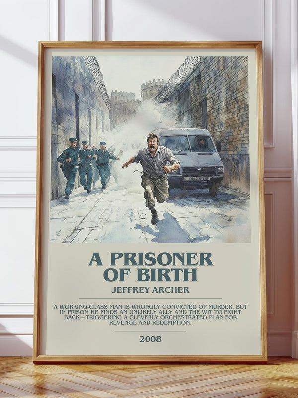 A Prisoner of Birth bookish print in frame leaning in hallway – crime wall art