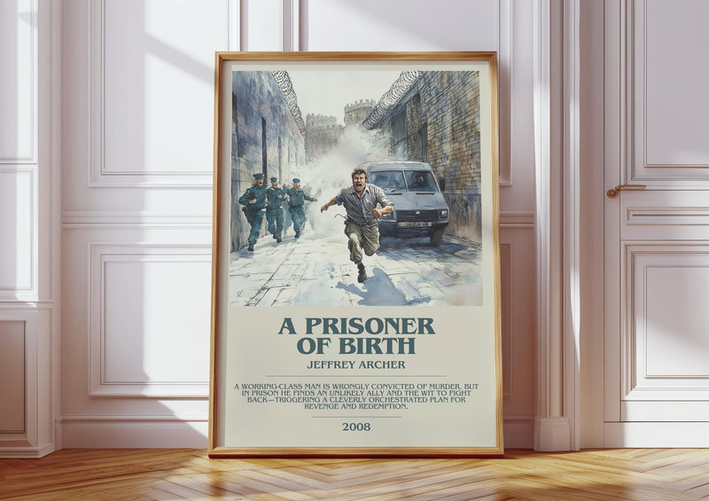 A Prisoner of Birth bookish print in frame leaning in hallway – crime wall art