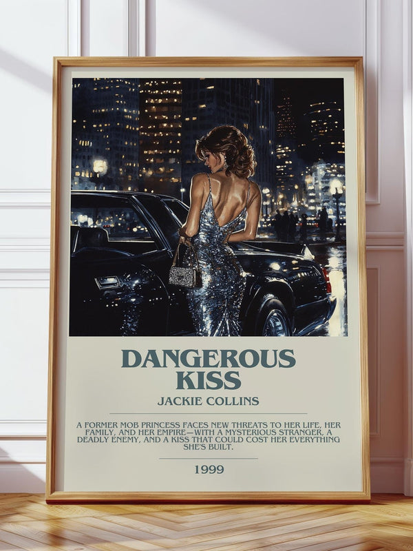 Dangerous Kiss bookish print in frame leaning in hallway – romance wall art