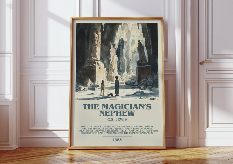The Magician's Nephew bookish print in frame leaning in hallway – childrens wall art