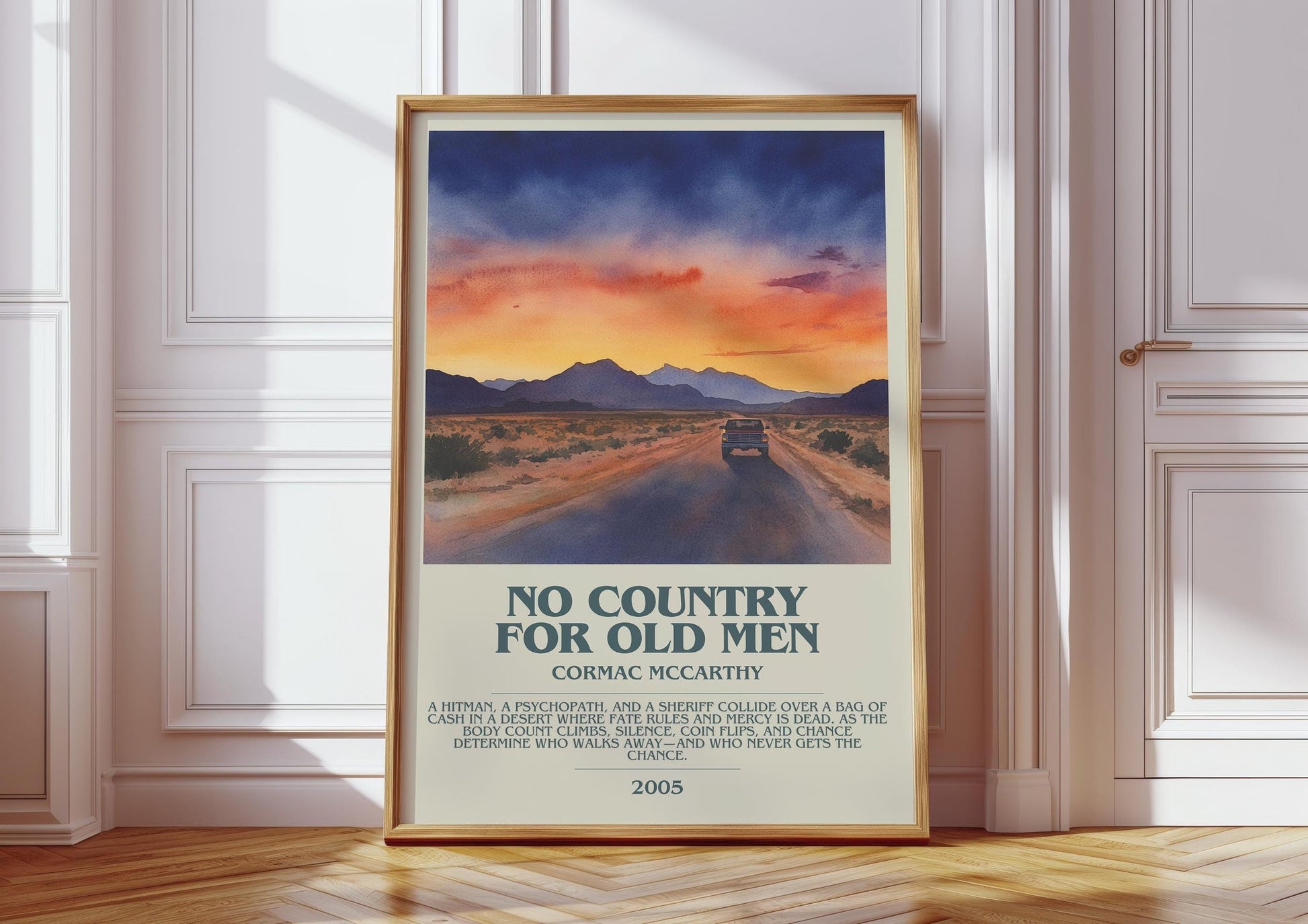 No Country For Old Men bookish print in frame leaning in hallway – thriller wall art