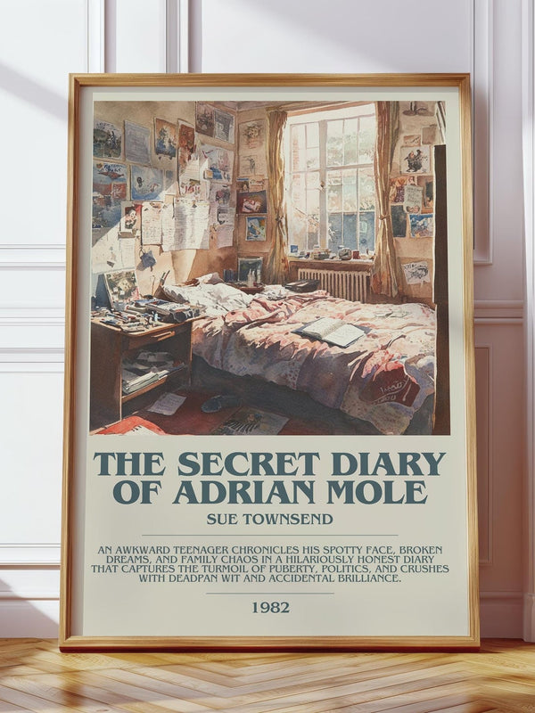 The Secret Diary Of Adrian Mole bookish print in frame leaning in hallway – coming of age wall art
