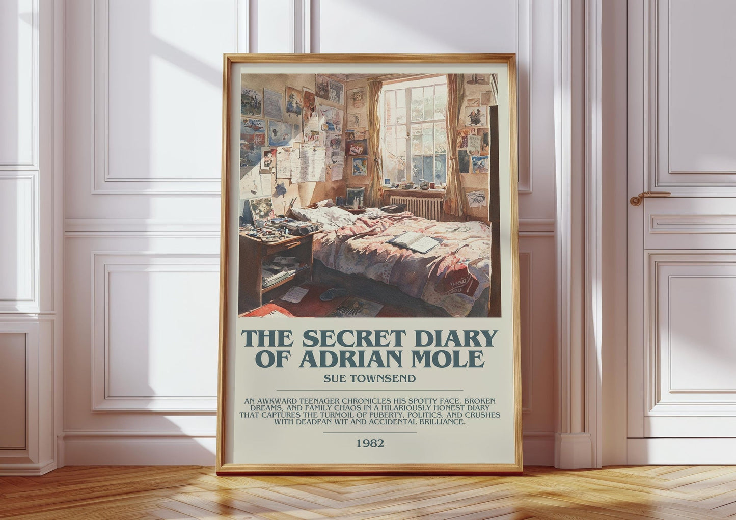 The Secret Diary Of Adrian Mole bookish print in frame leaning in hallway – coming of age wall art