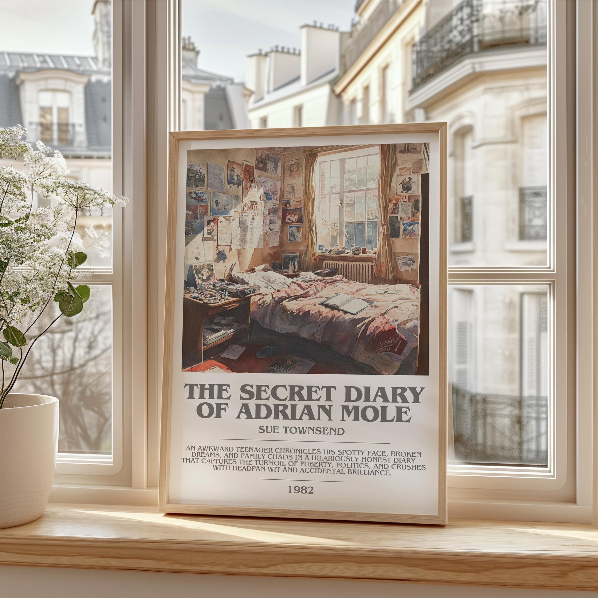 The Secret Diary Of Adrian Mole bookish print framed by window – literary home decor