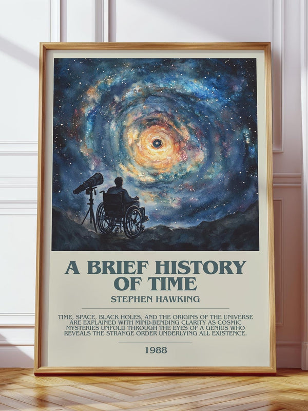 A Brief History of Time bookish print in frame leaning in hallway – non fiction wall art