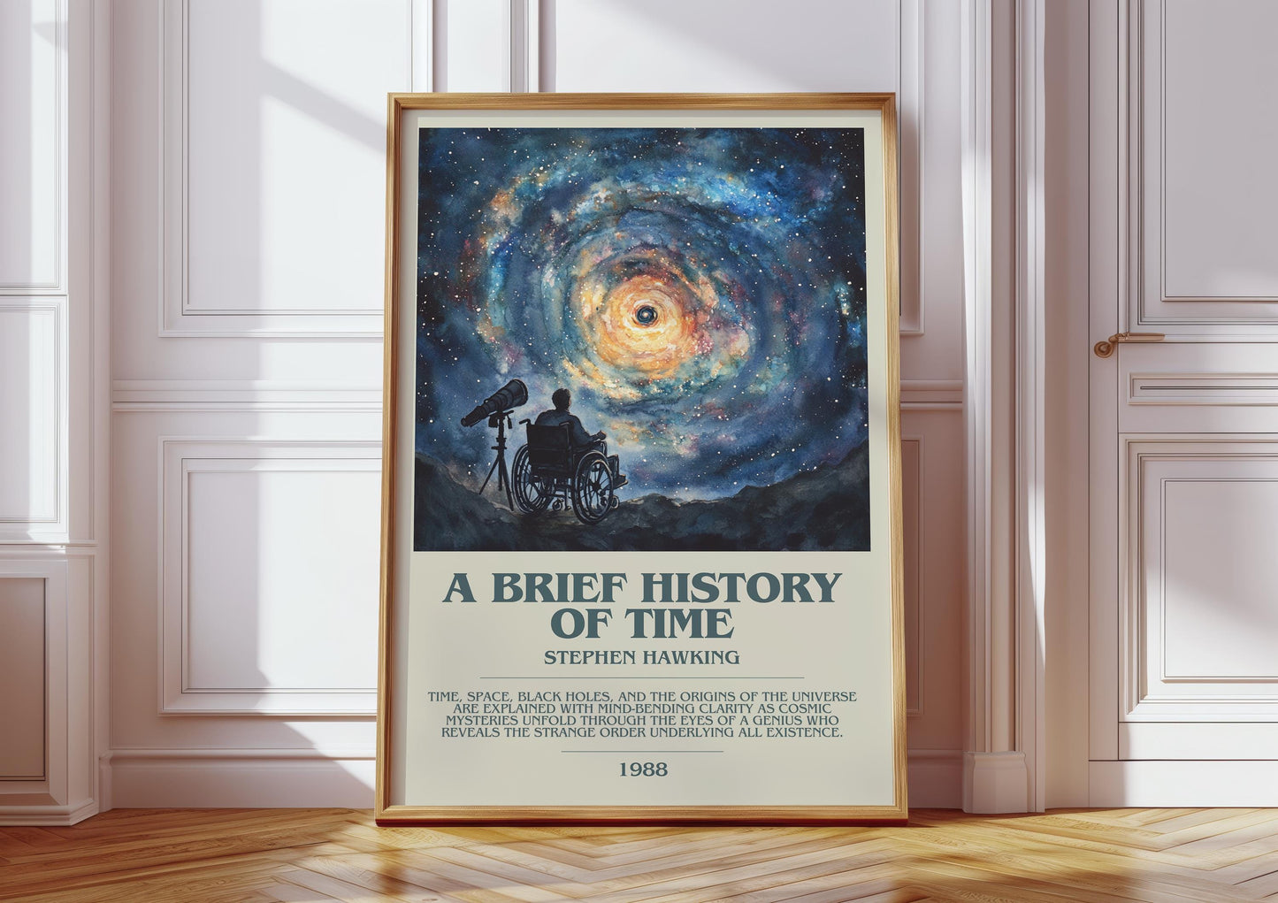 A Brief History of Time bookish print in frame leaning in hallway – non fiction wall art