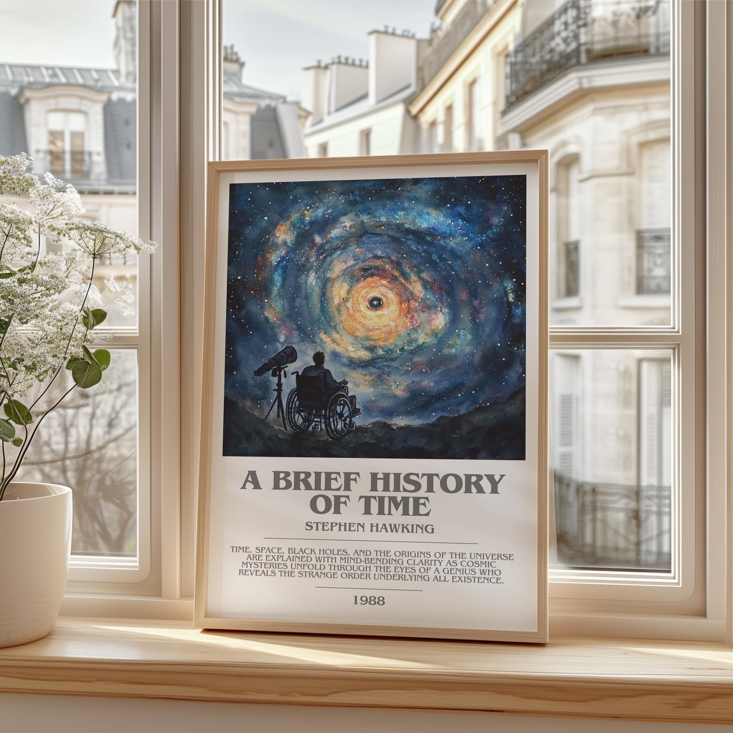 A Brief History of Time bookish print framed by window – literary home decor