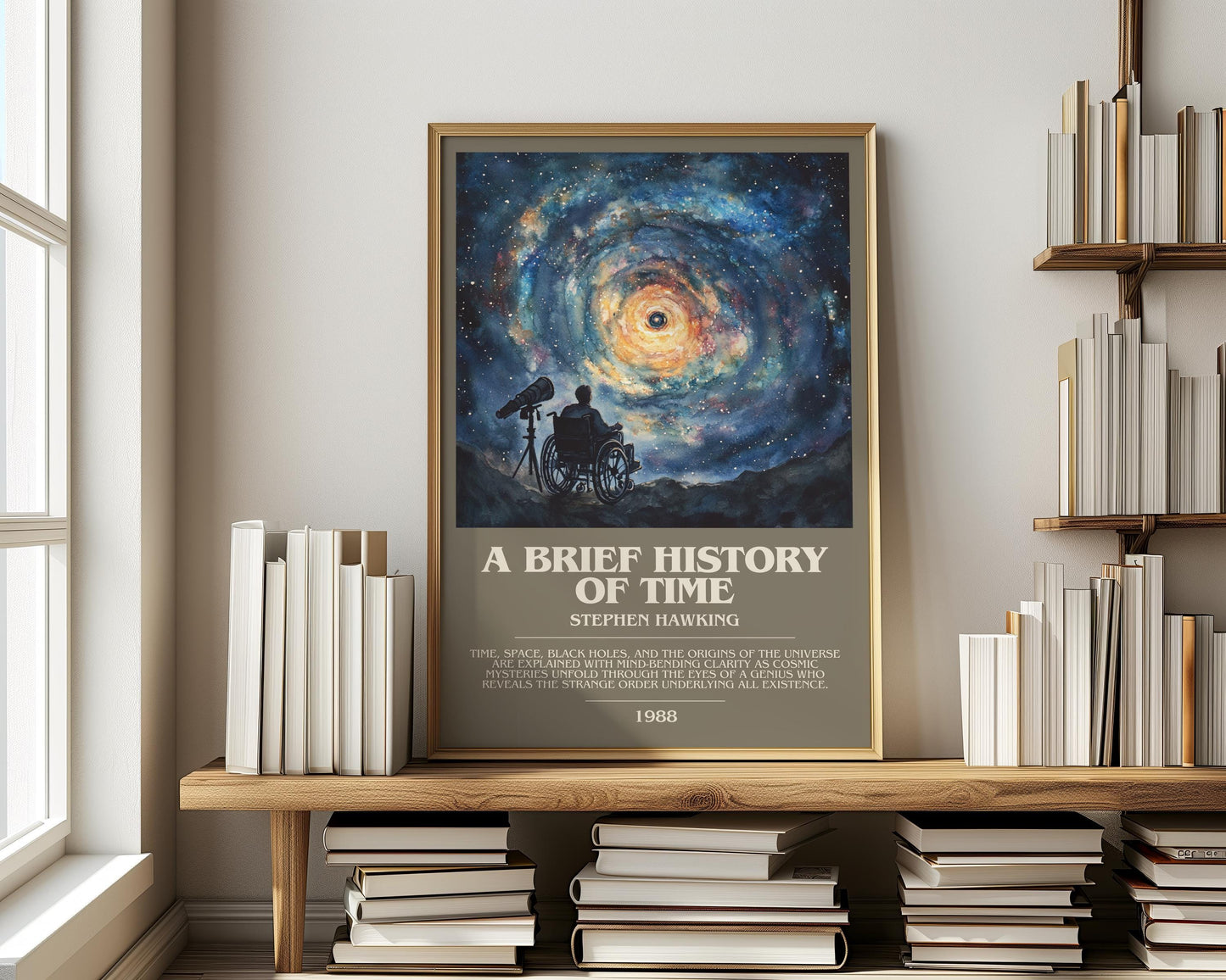 A Brief History of Time bookish print on bookshelf – Stephen Hawking fan gift