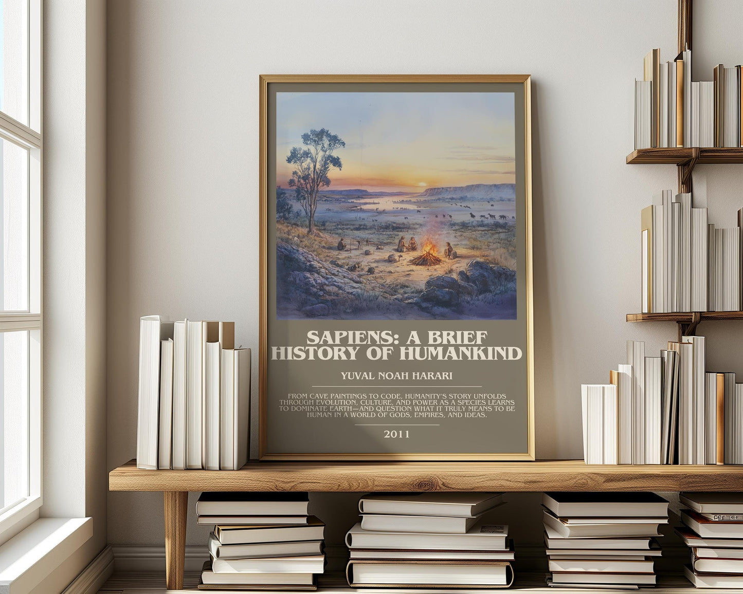 Sapiens: A Brief History of Humankind bookish print on bookshelf – Yuval Noah Harari fan gift