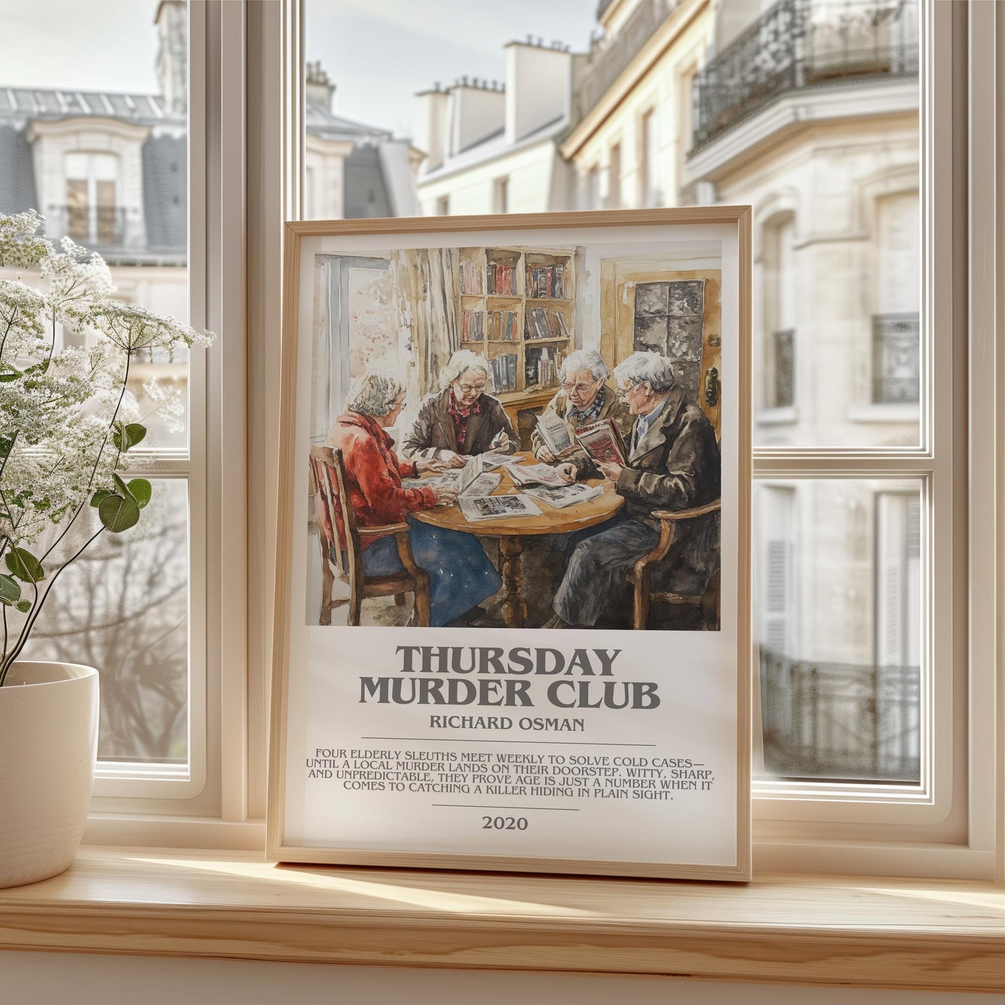 Thursday Murder Club bookish print framed by window – literary home decor