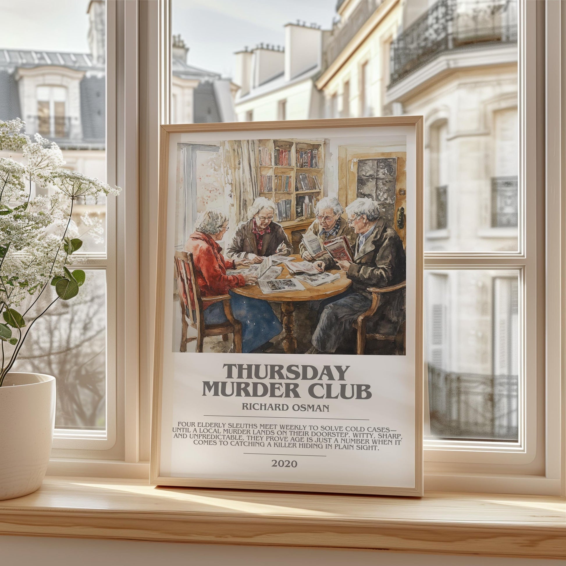 Thursday Murder Club bookish print framed by window – literary home decor