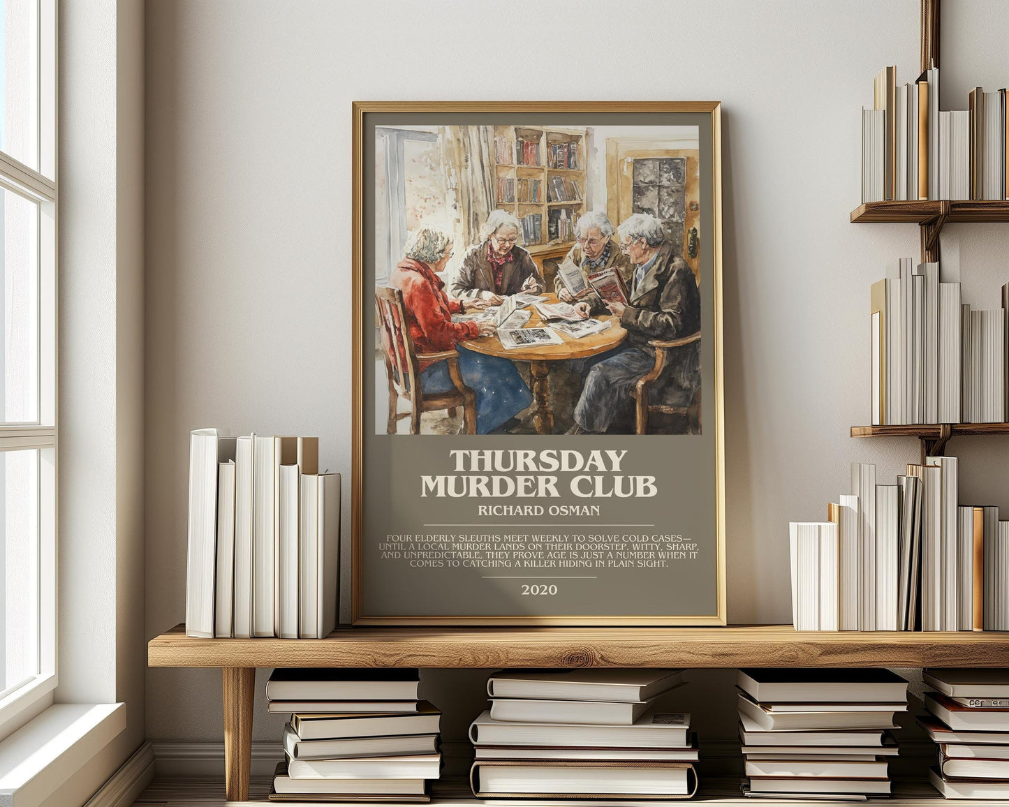 Thursday Murder Club bookish print on bookshelf – Richard Osman fan gift