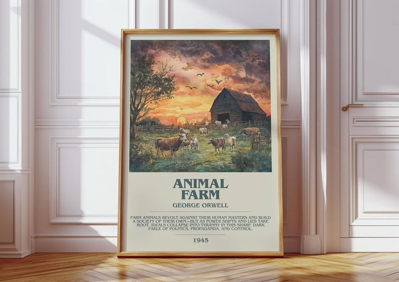 Animal Farm bookish print in frame leaning in hallway – satire wall art