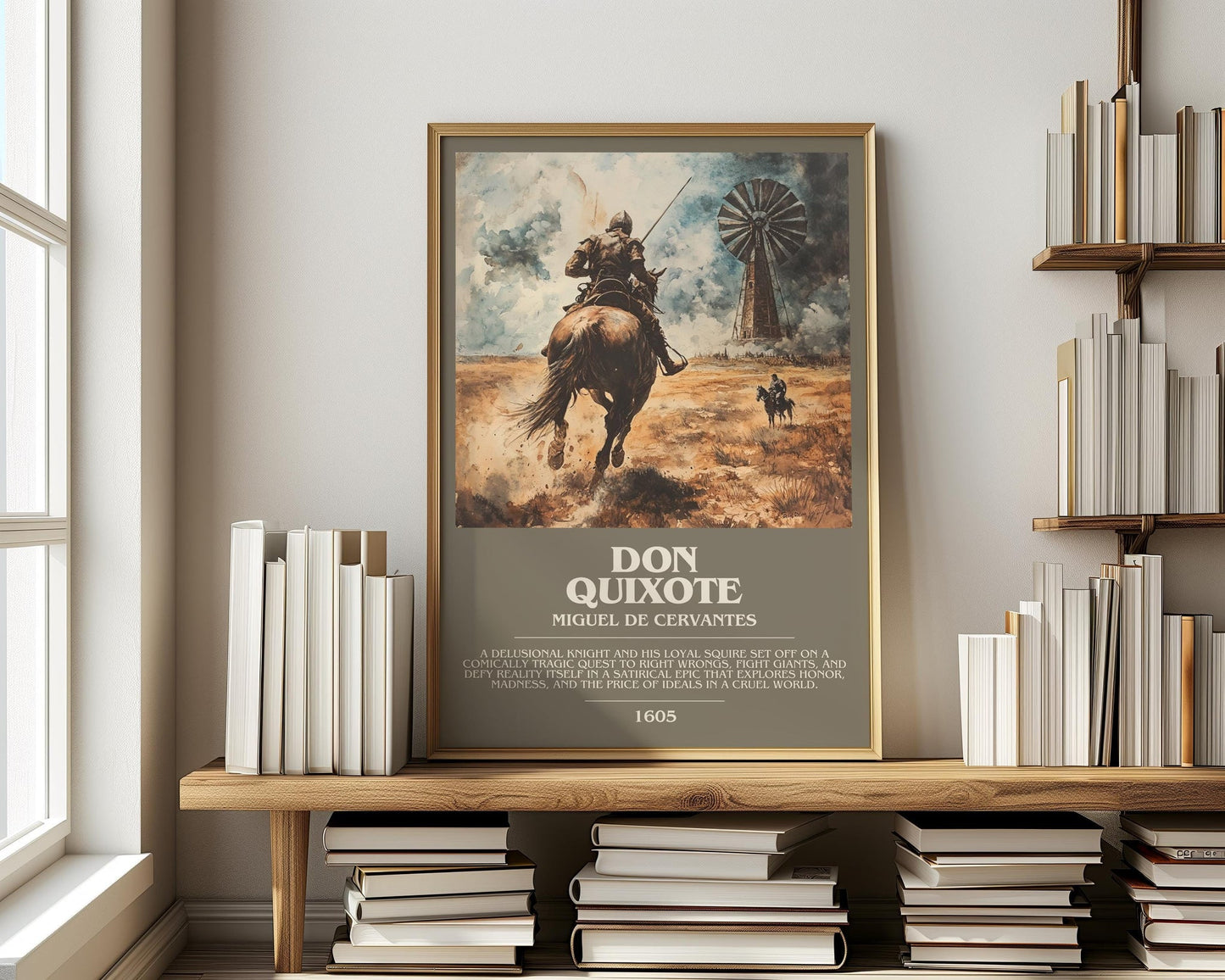 Don Quixote bookish print on bookshelf – Miguel De Cervantes fan gift