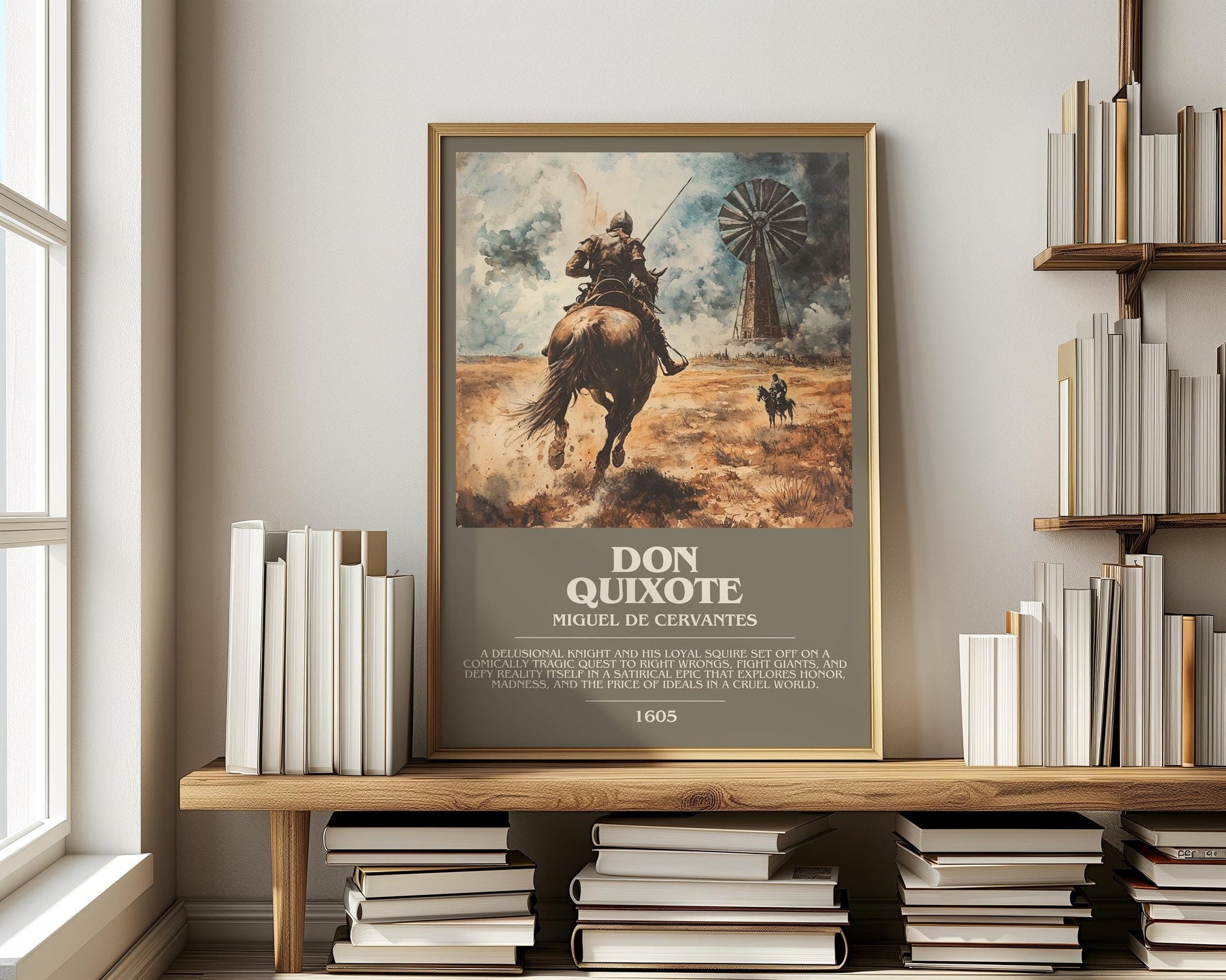 Don Quixote bookish print on bookshelf – Miguel De Cervantes fan gift