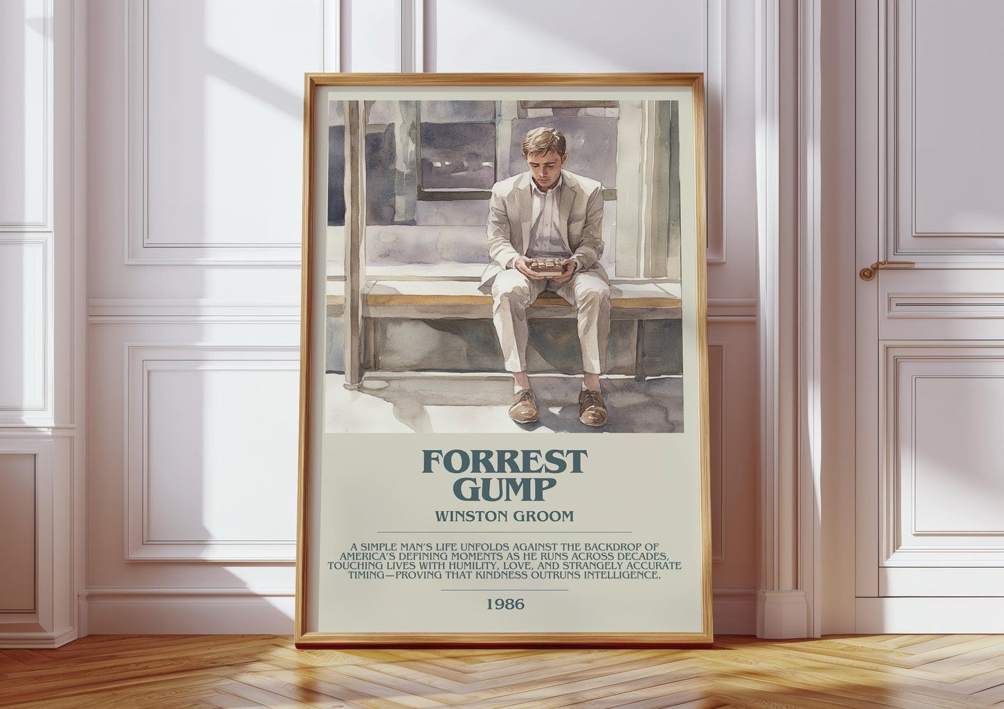 Forrest Gump bookish print in frame leaning in hallway – literary fiction wall art