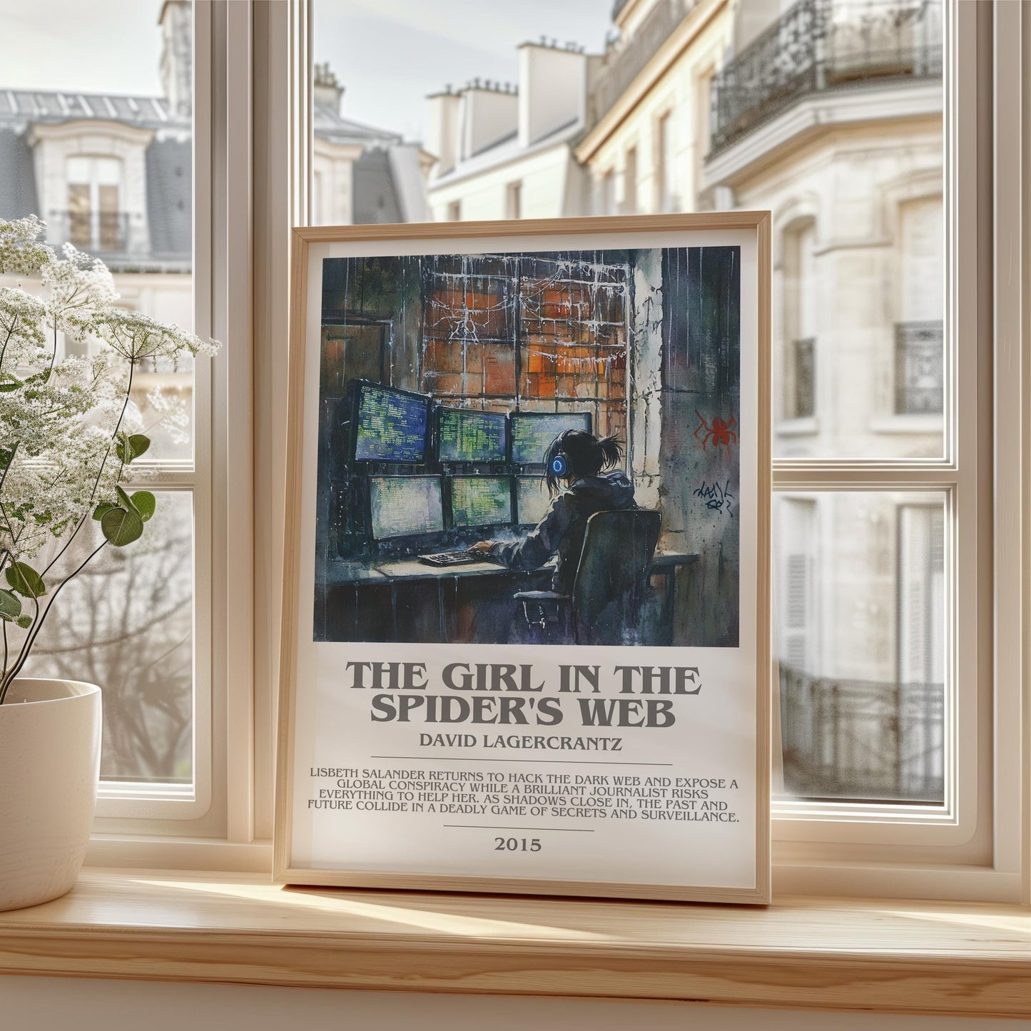 The Girl In The Spider's Web bookish print framed by window – literary home decor