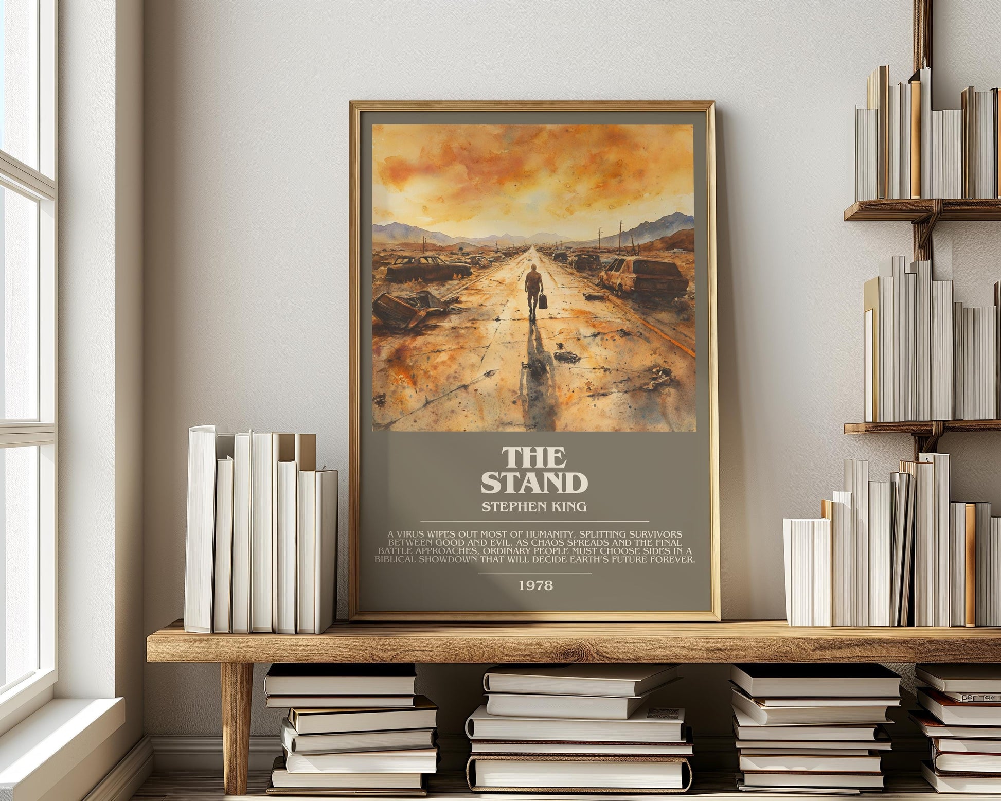 The Stand bookish print on bookshelf – Stephen King fan gift