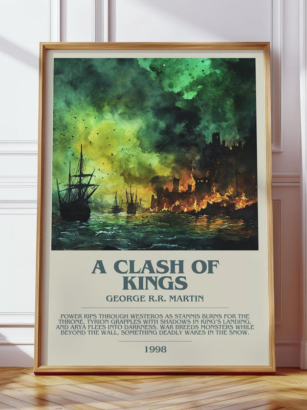 A Clash of Kings bookish print in frame leaning in hallway – fantasy wall art