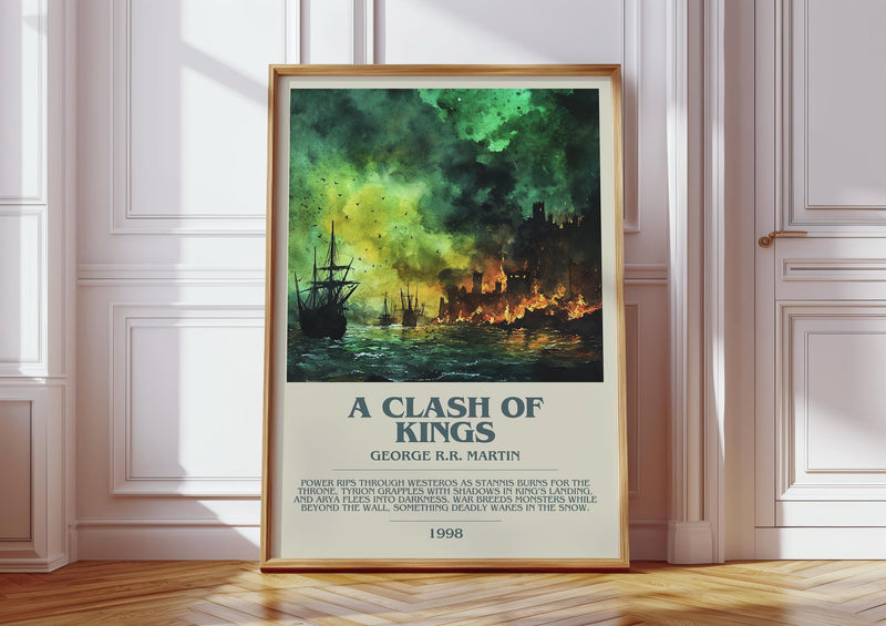 A Clash of Kings bookish print in frame leaning in hallway – fantasy wall art